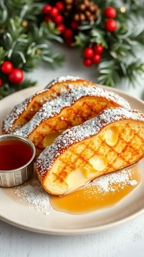 Eggnog French Toast with powdered sugar and syrup on a plate, surrounded by holiday decorations.