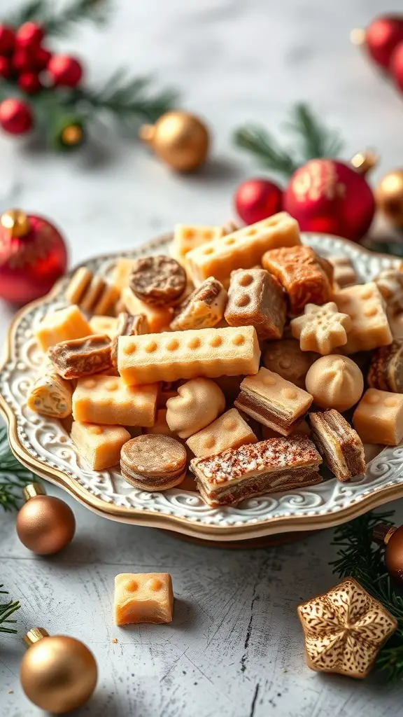 A plate of assorted torrone, a traditional Italian nougat treat, surrounded by Christmas decorations.