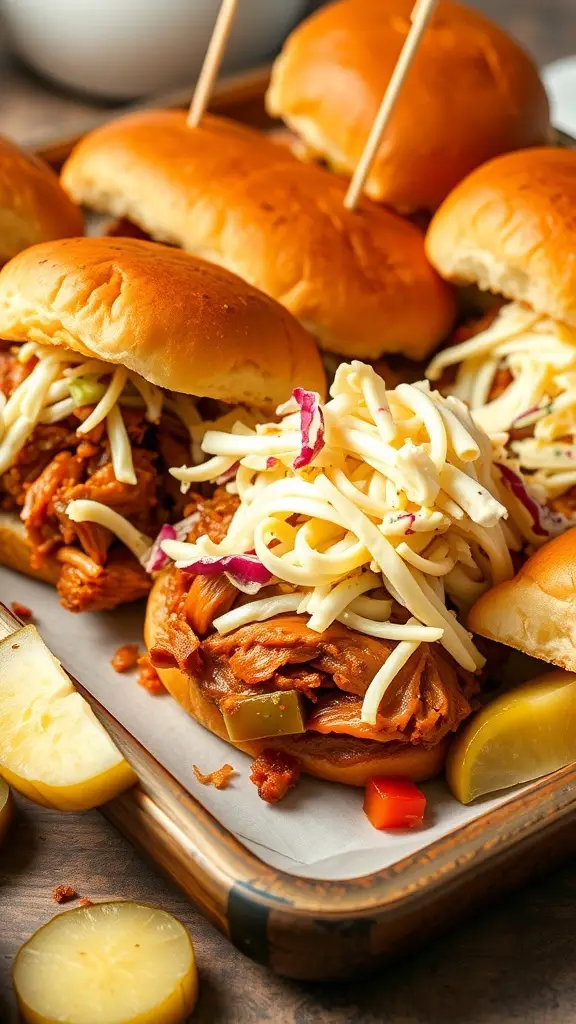 Pulled pork sliders topped with coleslaw on a wooden tray