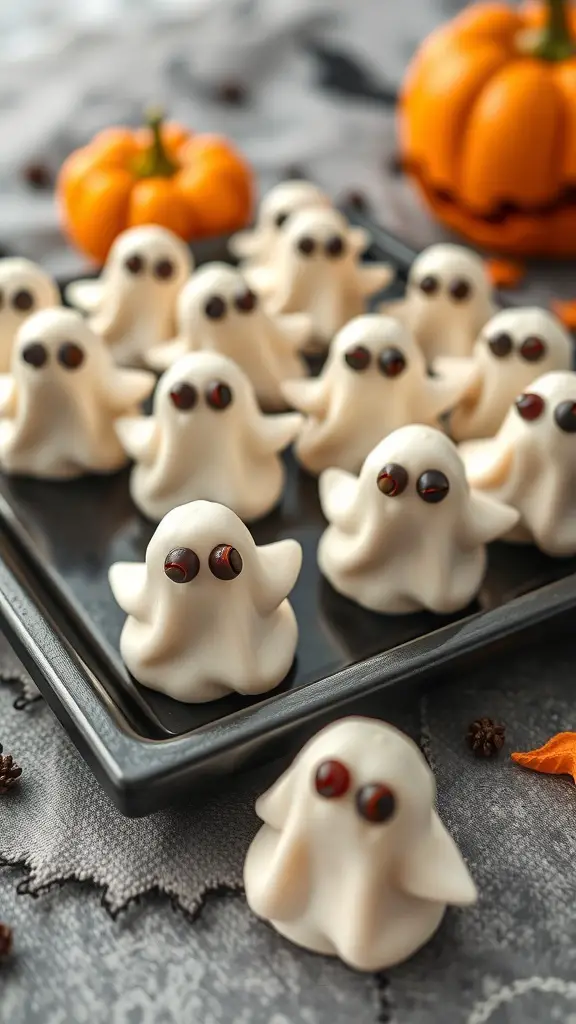 A tray of ghost-shaped cheese balls with black olive eyes, perfect for Halloween.