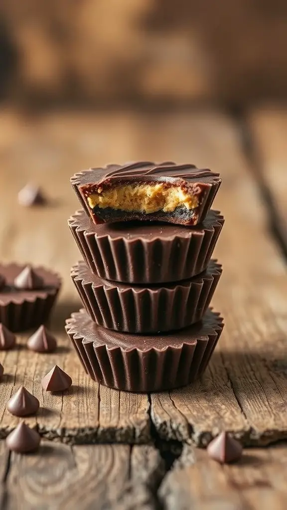 A stack of dark chocolate peanut butter cups with one cut in half, revealing the creamy filling inside.