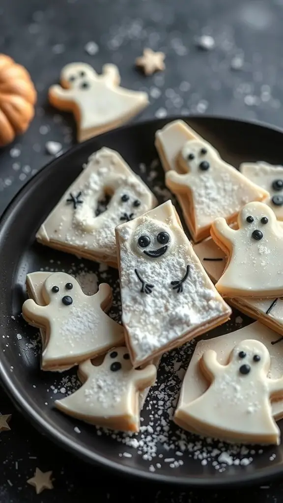 Ghostly White Chocolate Cracker Bark with cute ghost shapes and decorations