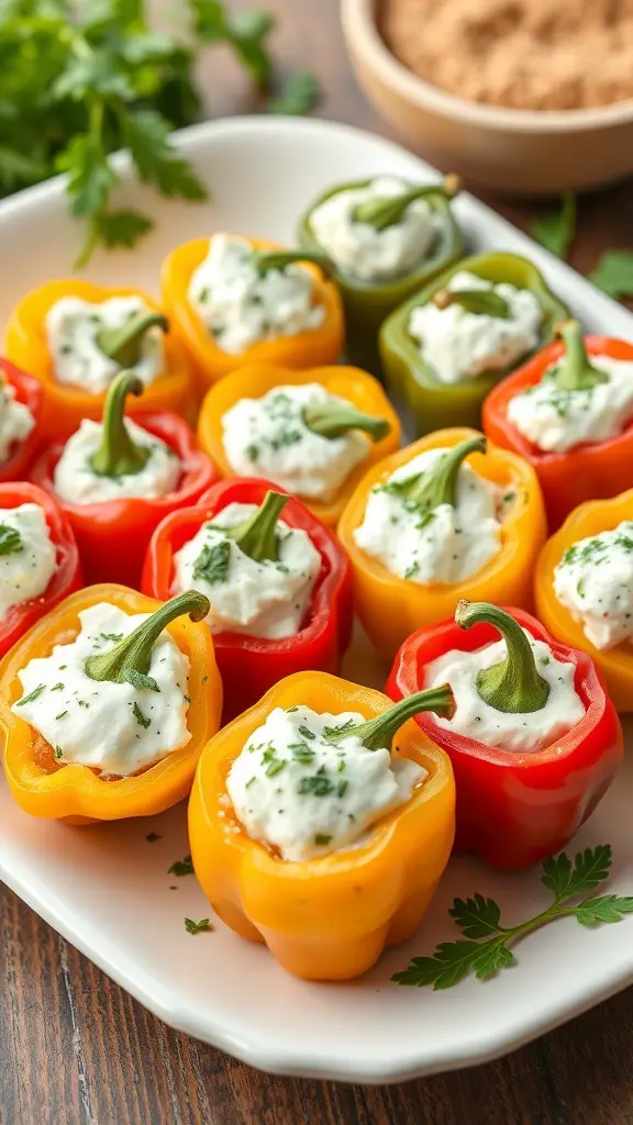 A platter of stuffed mini peppers filled with creamy mixture and garnished with herbs.