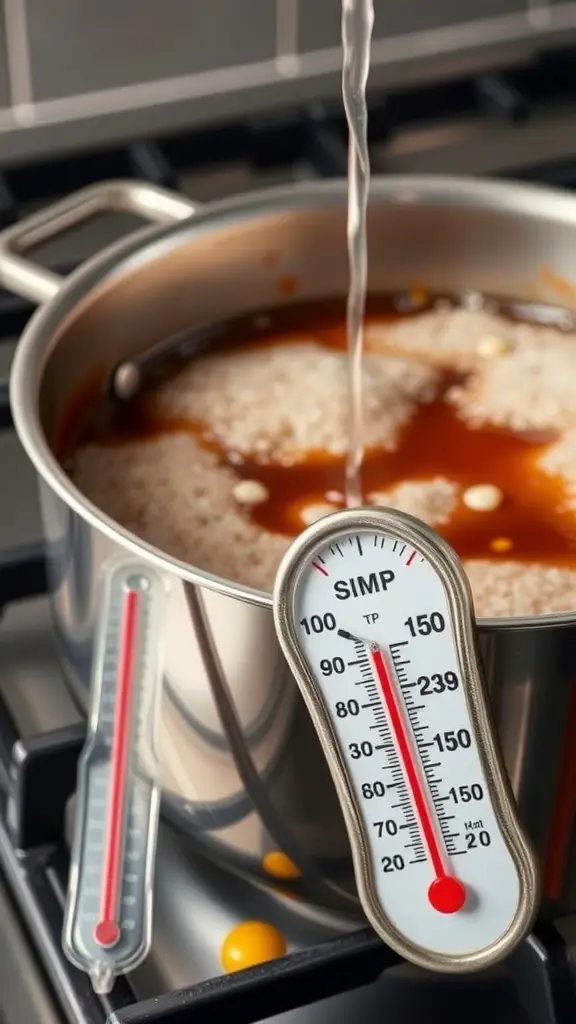 A pot of bubbling candy mixture on the stove with two candy thermometers