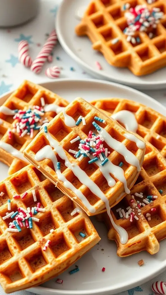Delicious frosted sugar cookie waffles topped with sprinkles and icing