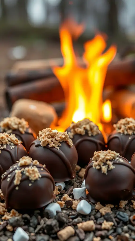 Delicious S'mores Halloween truffles with chocolate coating and graham cracker topping, set against a warm campfire background.