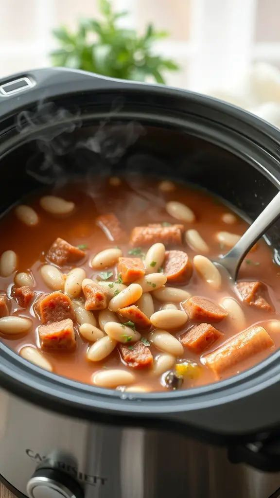 A close-up of Tuscan White Bean and Sausage Soup in a crockpot, showing beans, sausage, and steam rising.