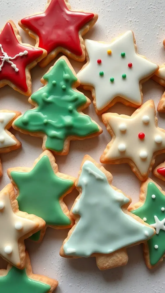 An assortment of Christmas sugar cookies shaped like stars and trees, decorated with colorful icing.