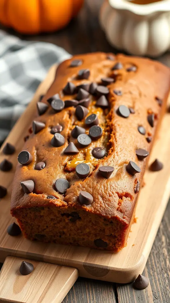 A loaf of chocolate chip pumpkin bread on a wooden cutting board, topped with chocolate chips, with a pumpkin in the background.