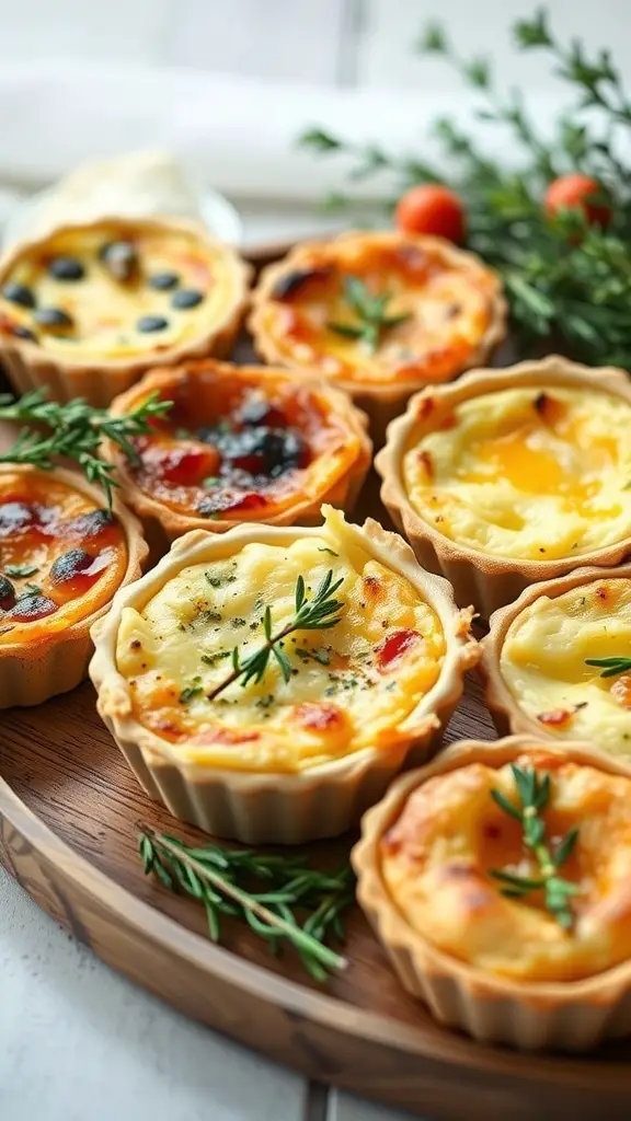 An assortment of savory mini quiches on a wooden platter, garnished with fresh herbs.