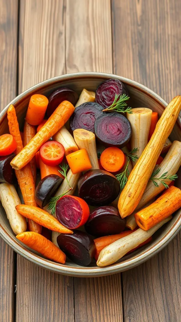 A bowl of colorful roasted root vegetables including carrots, beets, and parsnips.