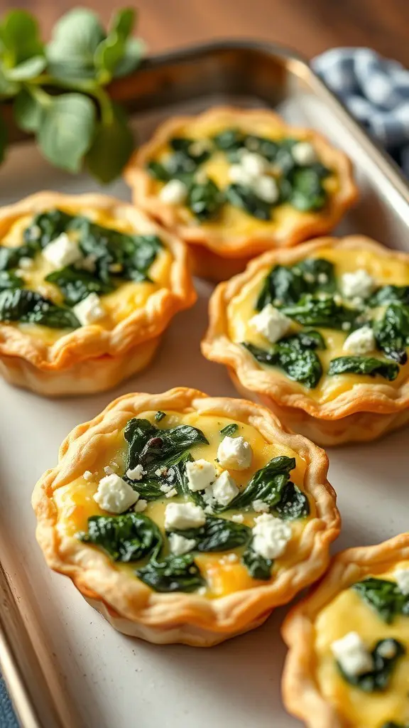 Mini quiches filled with spinach and feta cheese on a tray.