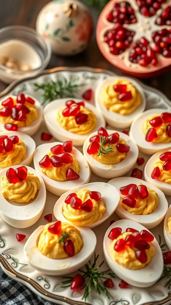 A platter of holiday deviled eggs topped with pomegranate seeds, garnished with herbs.