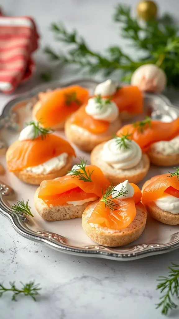 A platter of smoked salmon canapés topped with cream cheese and dill.