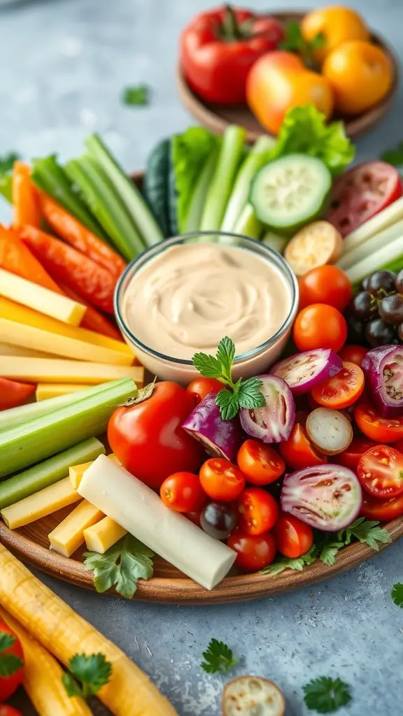 A colorful vegetable platter with a variety of fresh vegetables and a dip in the center.