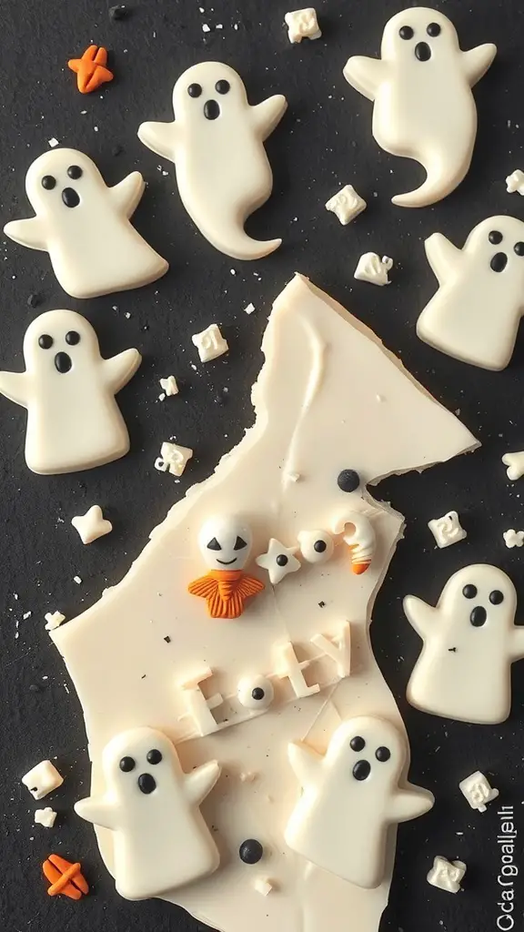 Ghostly white chocolate bark with ghost shapes and Halloween decorations.