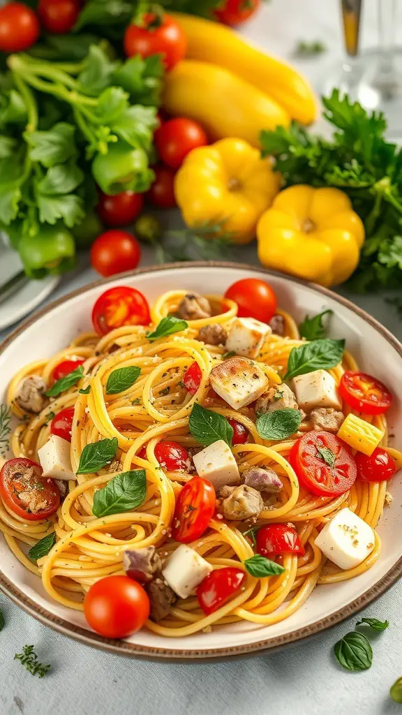 A plate of Pasta Primavera with seasonal vegetables, garnished with fresh herbs.