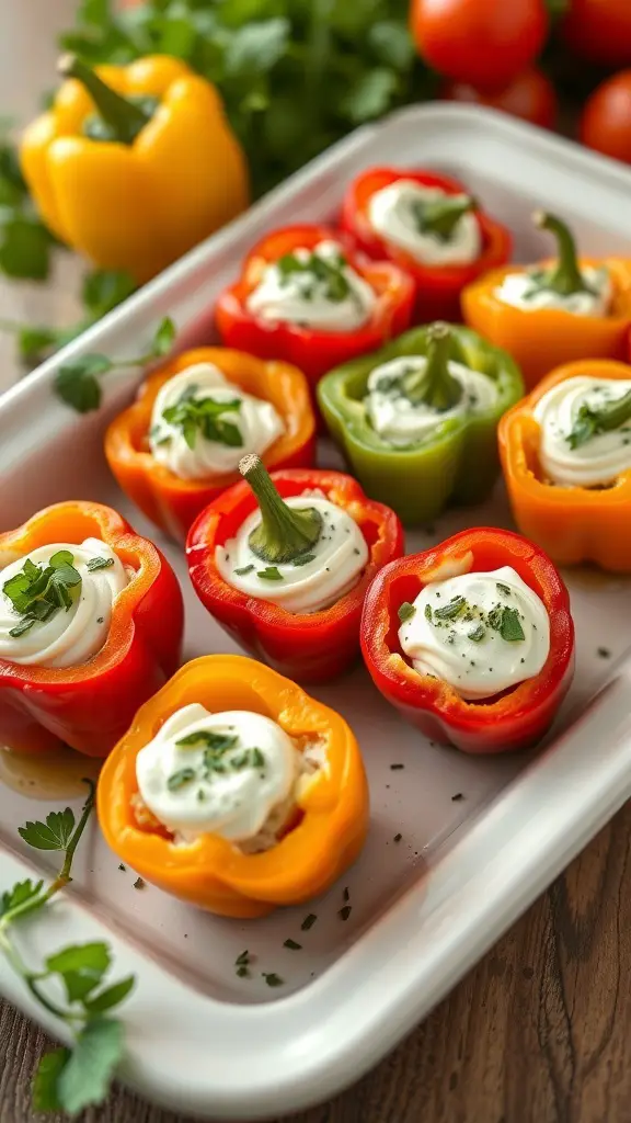 A platter of stuffed mini peppers filled with cream cheese and topped with herbs.