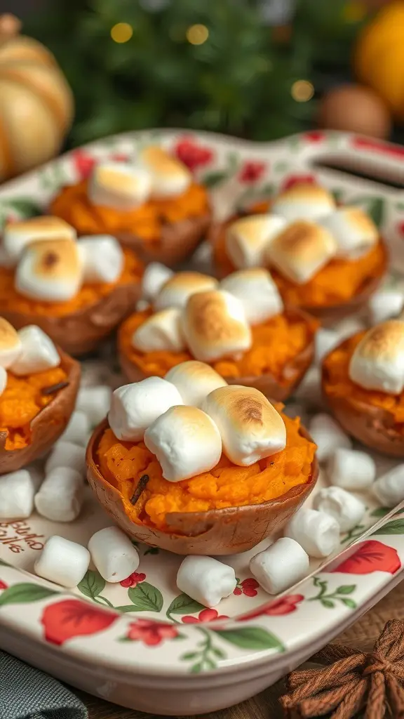 Sweet potato bites topped with marshmallows on a festive platter