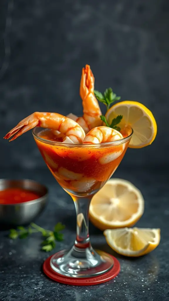A glass of shrimp cocktail with zesty sauce, garnished with lemon slices.