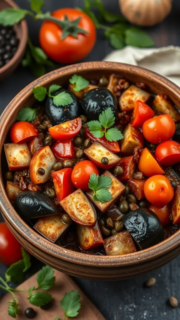 A bowl of caponata featuring eggplant, tomatoes, olives, and capers, garnished with fresh herbs.