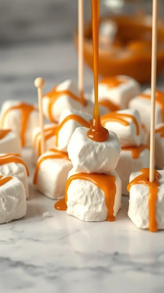 A pile of marshmallows drizzled with caramel sauce