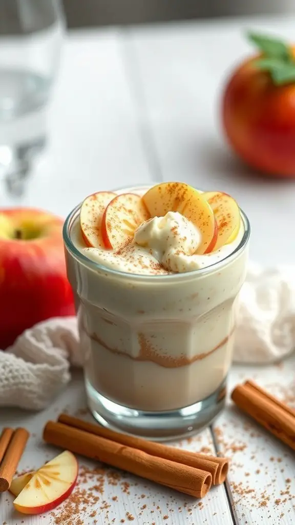 A glass of apple cinnamon chia pudding topped with apple slices and cinnamon sticks.