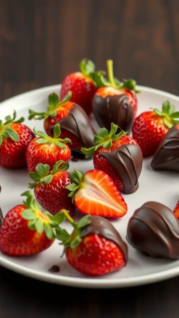 A plate of chocolate dipped strawberries, some whole and some cut in half, showcasing their vibrant red color and glossy chocolate coating.