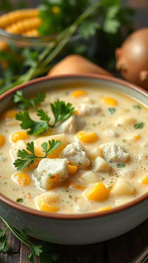 A bowl of creamy cod chowder with corn and potatoes, garnished with parsley.