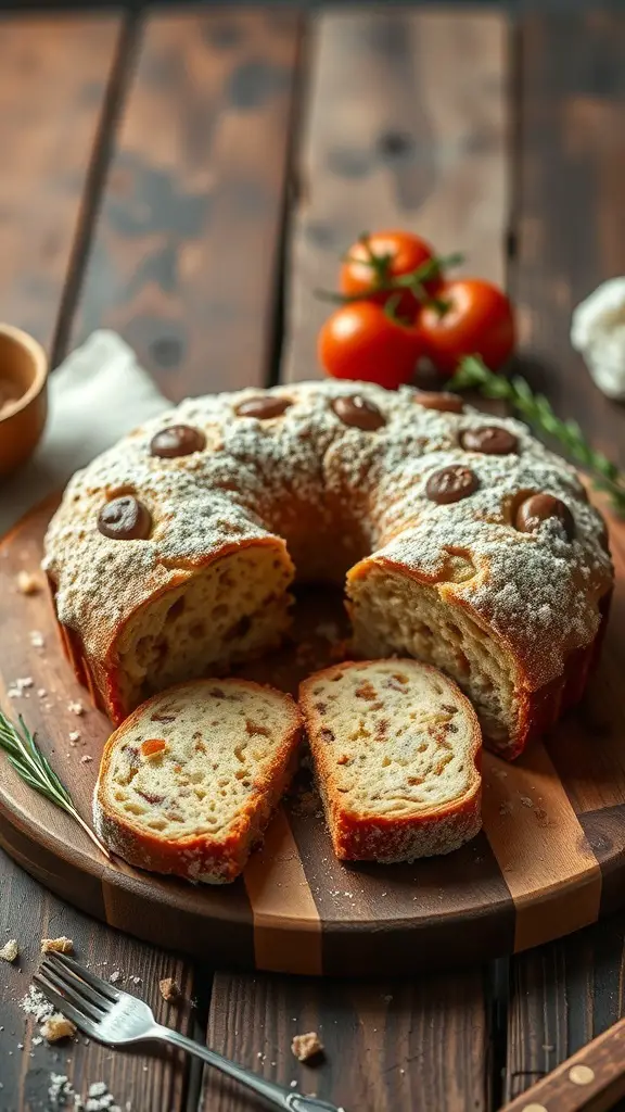 A beautifully presented Sbrisolona almond cake with slices cut out, showcasing its crumbly texture.