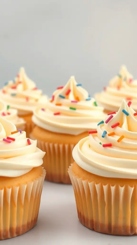 Classic vanilla cupcakes with buttercream frosting and colorful sprinkles