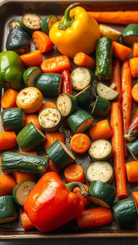 A colorful assortment of roasted vegetables including bell peppers, zucchini, and carrots on a baking sheet.