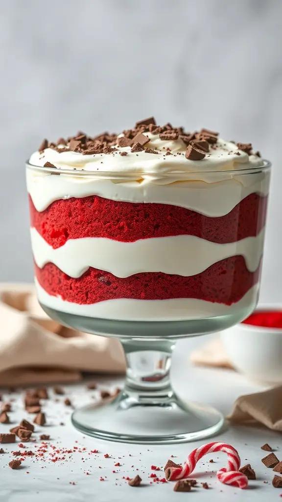 A beautiful red velvet trifle layered with cream cheese frosting and topped with chocolate shavings.