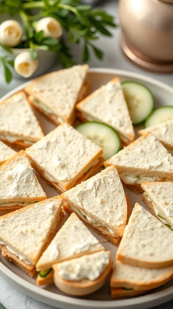 A plate of cucumber and cream cheese sandwiches cut into triangles, garnished with cucumber slices.