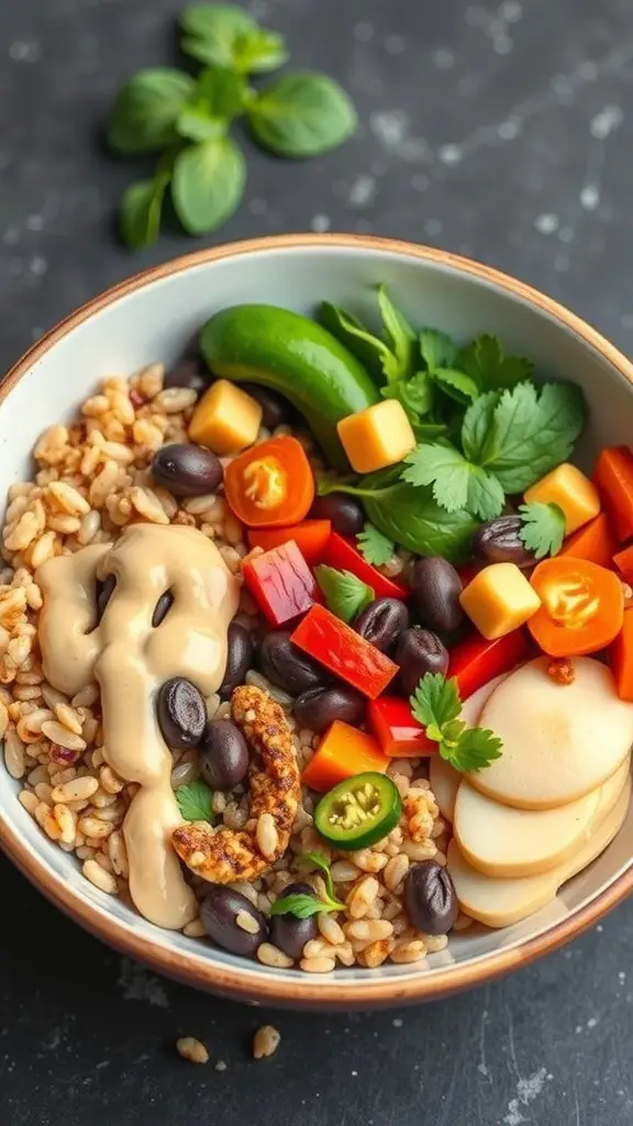 A colorful Buddha bowl filled with grains, black beans, fresh vegetables, and a drizzle of tahini sauce.