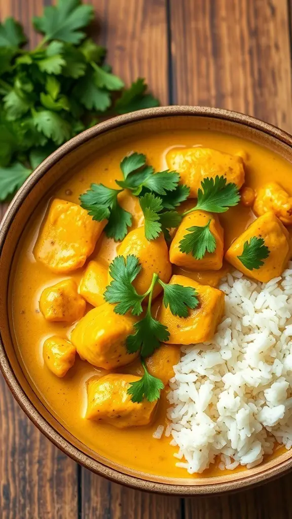 Bowl of coconut curry chicken with rice and cilantro