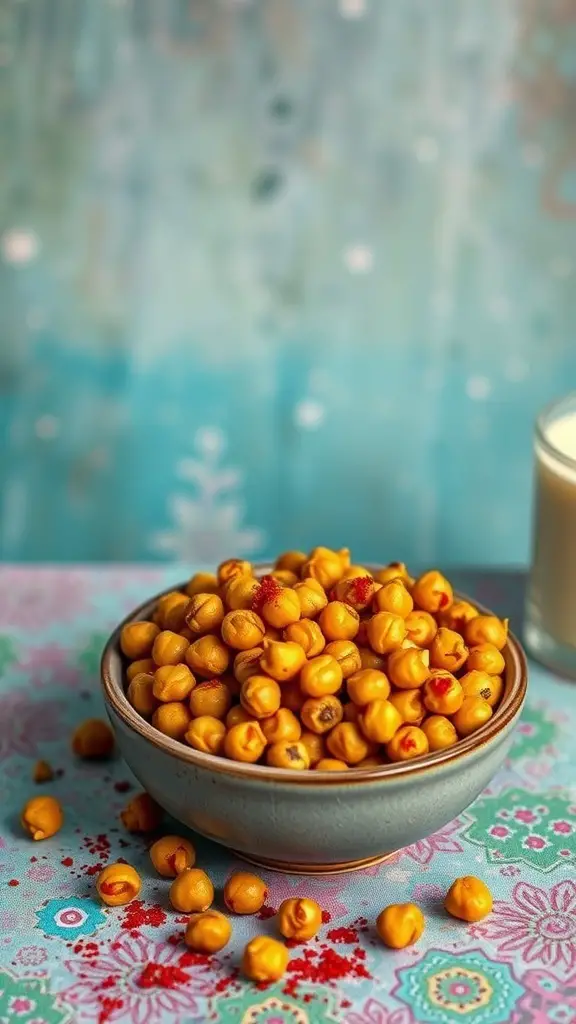 A bowl of spicy roasted chickpeas on a colorful tablecloth.