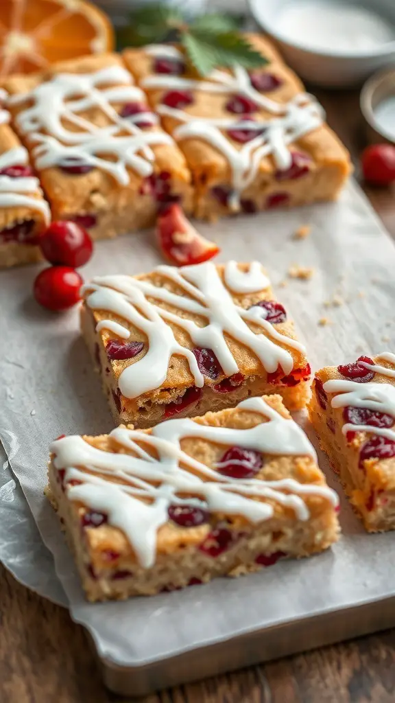 Cranberry Orange Bliss Bars with icing and cranberries on a tray