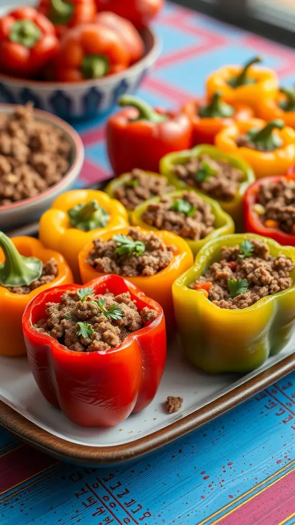 Colorful stuffed bell peppers filled with ground beef on a tray