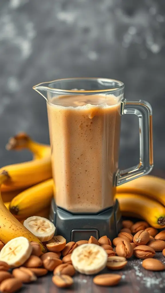 A blender filled with a peanut butter and banana smoothie, surrounded by bananas and peanuts.