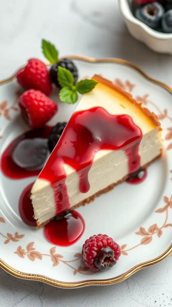 A slice of creamy keto cheesecake topped with berry sauce, garnished with fresh raspberries and blackberries on a decorative plate.