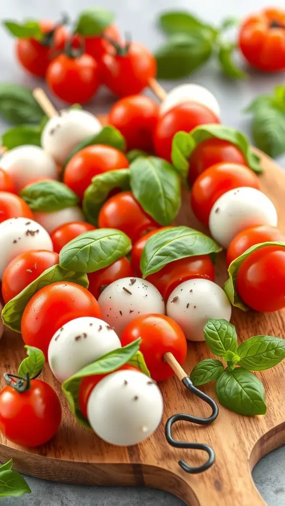 Colorful Caprese skewers with cherry tomatoes, mozzarella balls, and fresh basil on a wooden board.