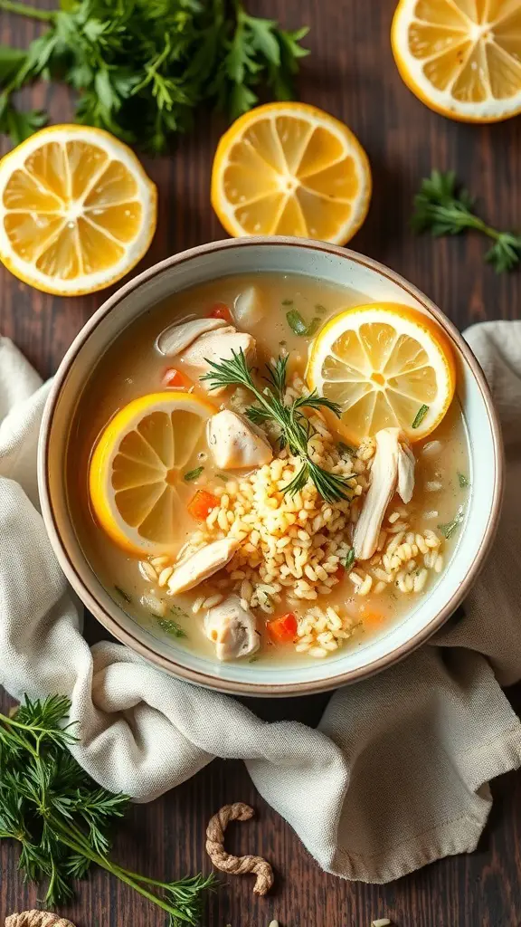A bowl of Greek Lemon Chicken Soup with lemon slices and fresh herbs