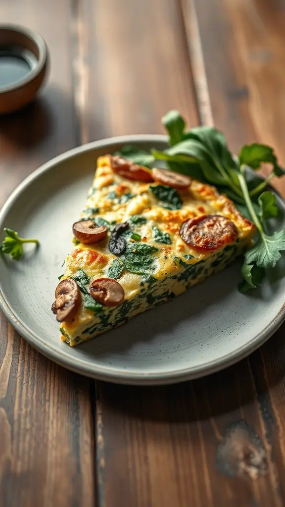 A slice of mushroom and spinach frittata on a plate, garnished with greens, on a wooden table.