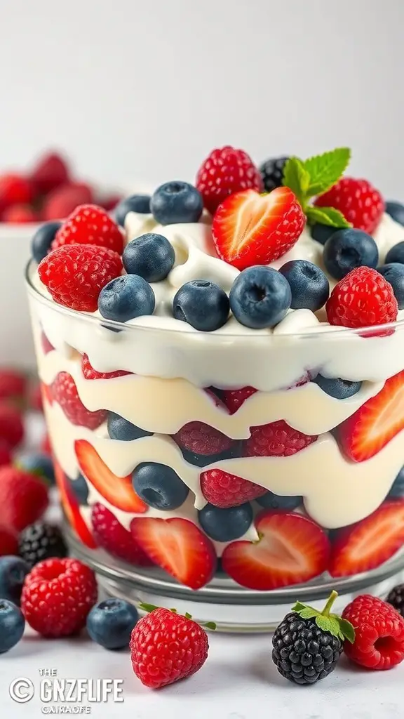 A colorful Summer Berry Trifle with layers of strawberries, blueberries, and raspberries topped with mint leaves.