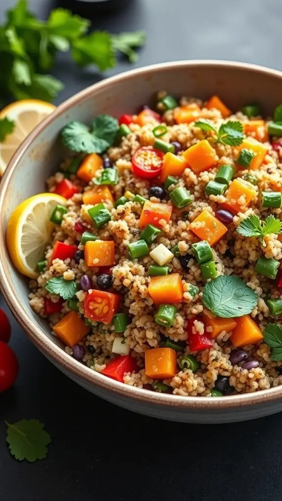 A bowl of colorful quinoa salad with diced vegetables and citrus dressing.
