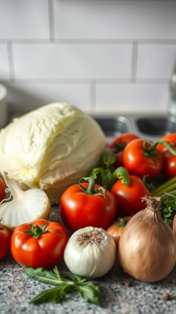 Fresh vegetables for cabbage soup including cabbage, tomatoes, onions, and herbs.