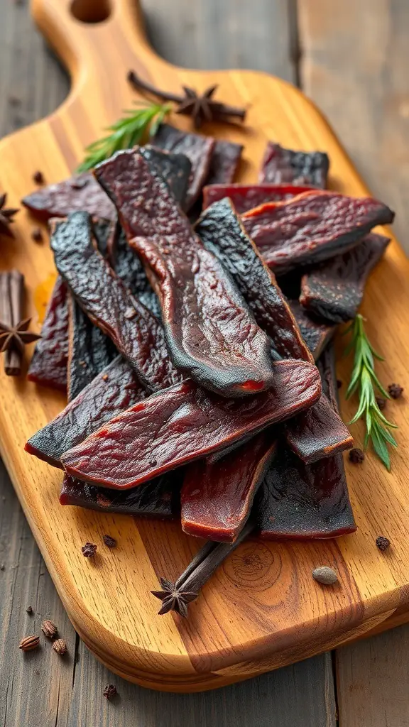 A wooden cutting board with strips of smoky beef jerky, garnished with star anise and rosemary.