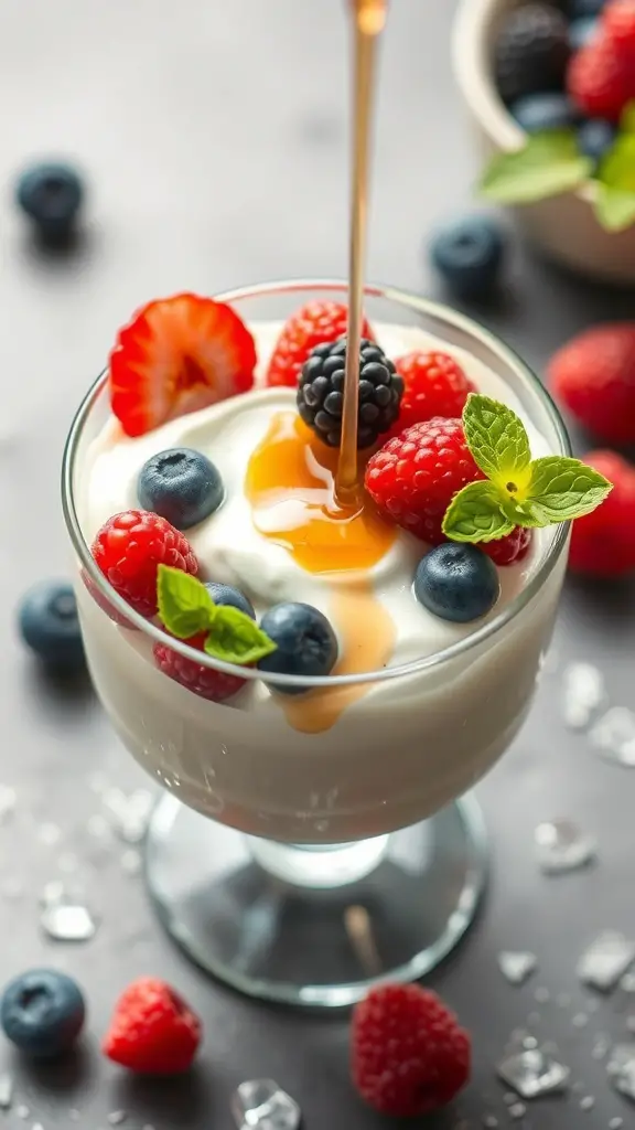 A Greek yogurt bowl topped with strawberries, blueberries, raspberries, honey, and mint leaves.