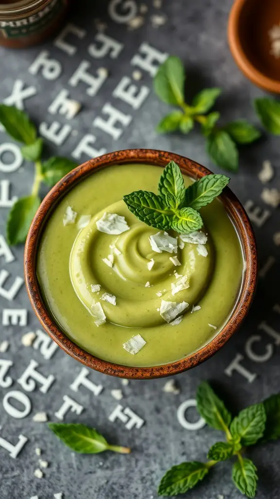 A bowl of matcha green tea pudding topped with coconut flakes and mint leaves.